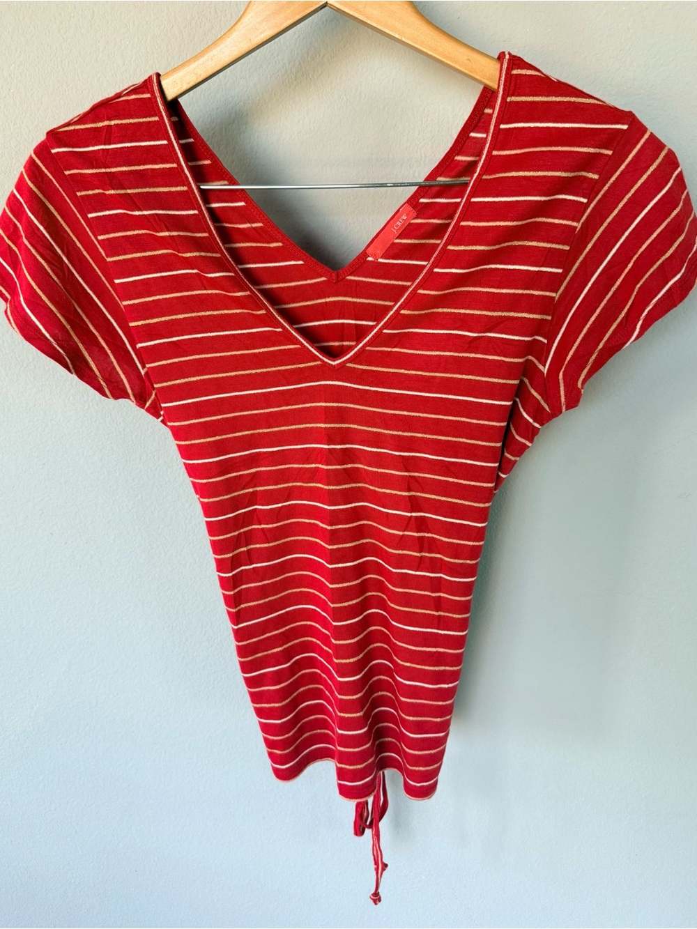 J.CREW White & Gold Striped V‑Neck Drawstring Tee | Women’s M | Y2K Vintage